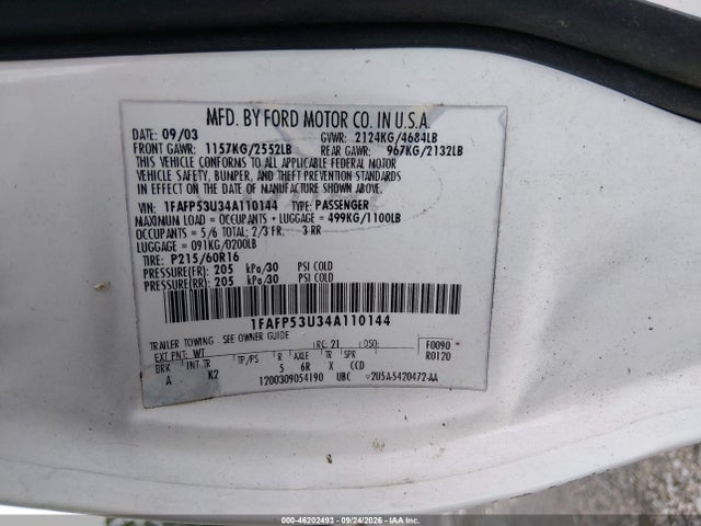 46202493 :رقم المزاد ، 1FAFP53U34A110144 vin ، 2004 Ford Taurus Se مزاد بيع