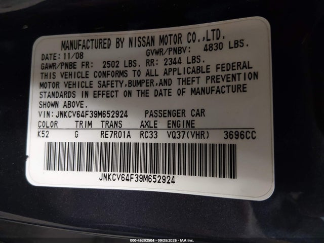 46202504 :رقم المزاد ، JNKCV64F39M652924 vin ، 2009 Infiniti G37 X مزاد بيع