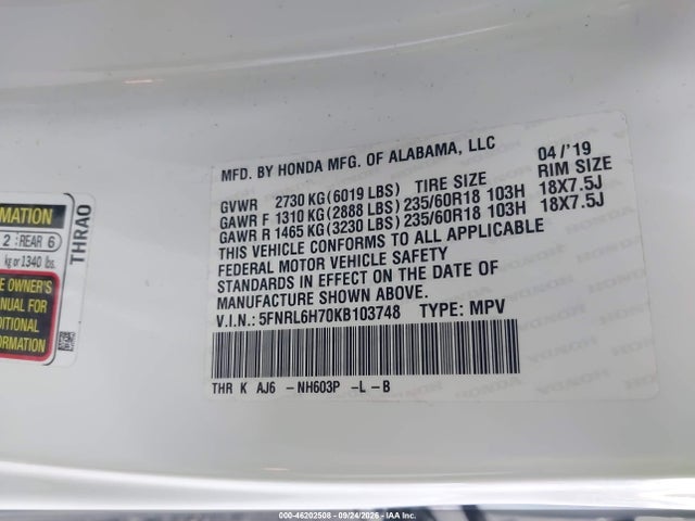 Aukcja sprzedaży 2019 Honda Odyssey, vin: 5FNRL6H70KB103748, numer aukcji: 46202508