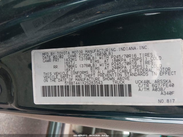 Продажа на аукционе авто 2002 Toyota Tundra Sr5, vin: 5TBBT441X2S283543, номер лота: 46202512