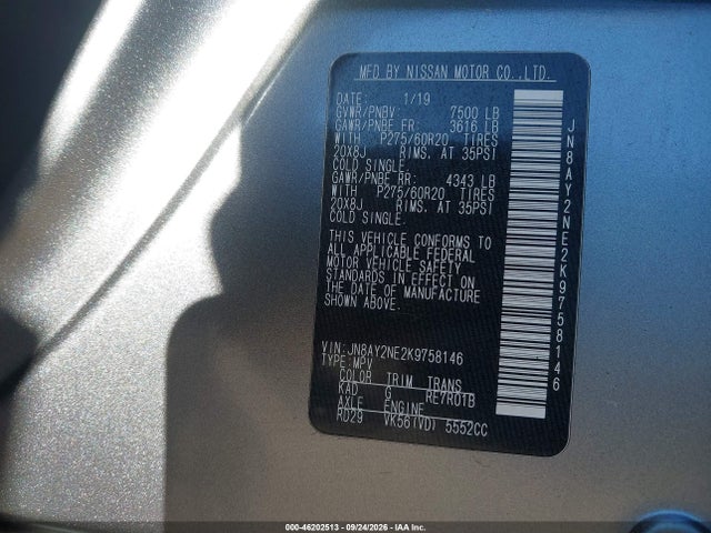 2019 Nissan Armada Platinum მანქანა იყიდება აუქციონზე, vin: JN8AY2NE2K9758146, აუქციონის ნომერი: 46202513