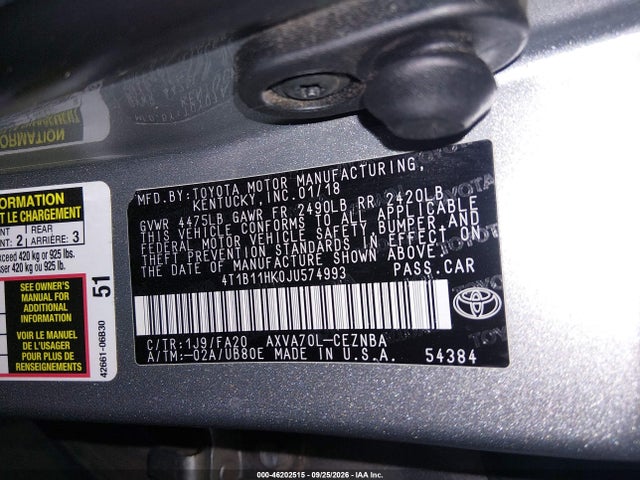 46202515 :رقم المزاد ، 4T1B11HK0JU574993 vin ، 2018 Toyota Camry Le مزاد بيع