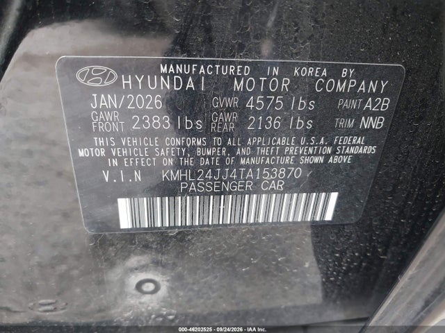 Продаж на аукціоні авто 2026 Hyundai Sonata Hybrid Blue, vin: KMHL24JJ4TA153870, номер лоту: 46202525