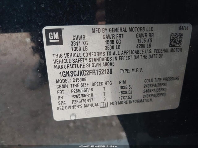 46202527 :رقم المزاد ، 1GNSCJKC2FR152130 vin ، 2015 Chevrolet Suburban 1500 Lt مزاد بيع