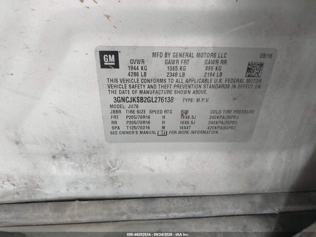 Aukcja sprzedaży 2016 Chevrolet Trax 1ls, vin: 3GNCJKSB2GL276138, numer aukcji: 46202534