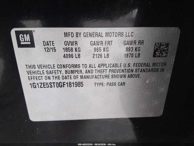 Продаж на аукціоні авто 2016 Chevrolet Malibu Lt, vin: 1G1ZE5ST0GF181985, номер лоту: 46202536
