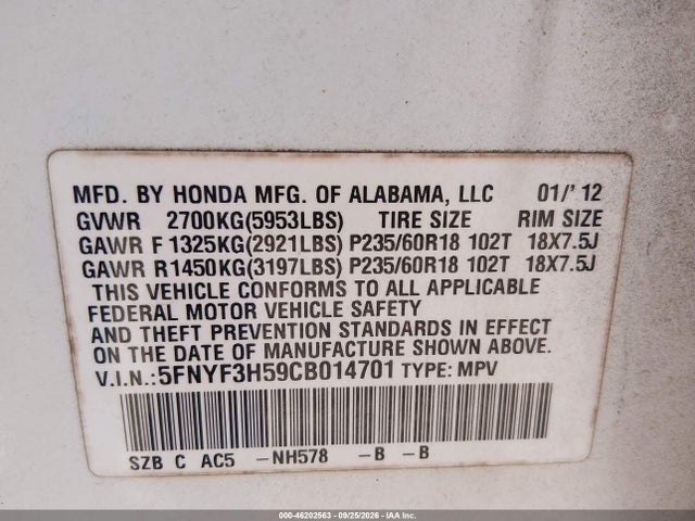 46202563 :رقم المزاد ، 5FNYF3H59CB014701 vin ، 2012 Honda Pilot Ex-l مزاد بيع
