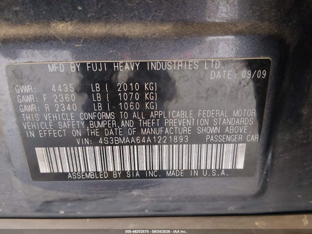 46202578 :رقم المزاد ، 4S3BMAA64A1221893 vin ، 2010 Subaru Legacy 2.5i (m6) مزاد بيع