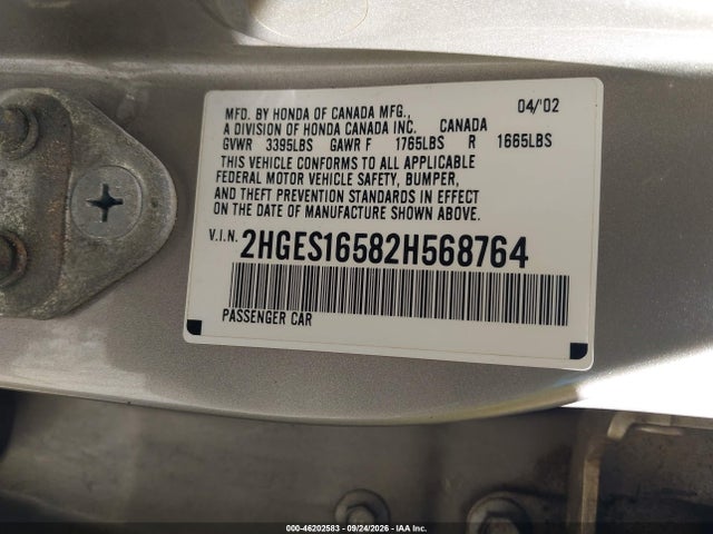 46202583 :رقم المزاد ، 2HGES16582H568764 vin ، 2002 Honda Civic Lx مزاد بيع