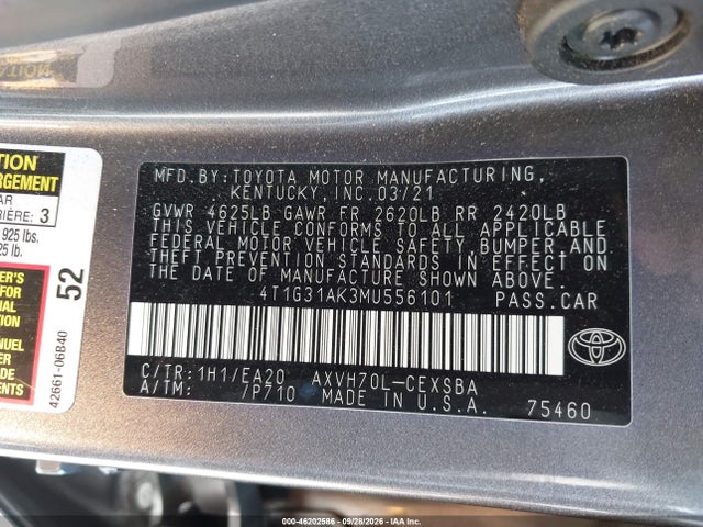 Aukcja sprzedaży 2021 Toyota Camry Se Hybrid, vin: 4T1G31AK3MU556101, numer aukcji: 46202586