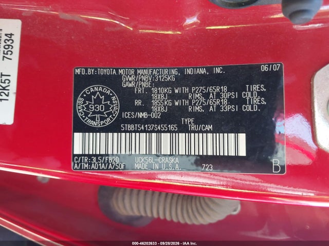 Auction sale of the 2007 Toyota Tundra Sr5 4.7l V8, vin: 5TBBT54137S455165, lot number: 46202633