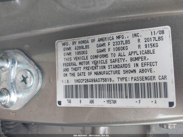 Продажа на аукционе авто 2009 Honda Accord Sdn Lx-p, vin: 1HGCP26499A075819, номер лота: 46202647