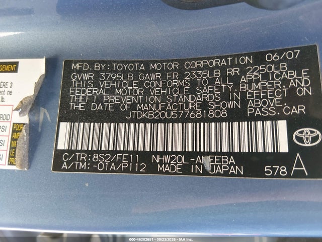 46202651 :رقم المزاد ، JTDKB20U577681808 vin ، 2007 Toyota Prius Touring مزاد بيع