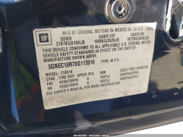 46202657 :رقم المزاد ، 3GNEC18R7XG113916 vin ، 1999 Chevrolet Tahoe مزاد بيع