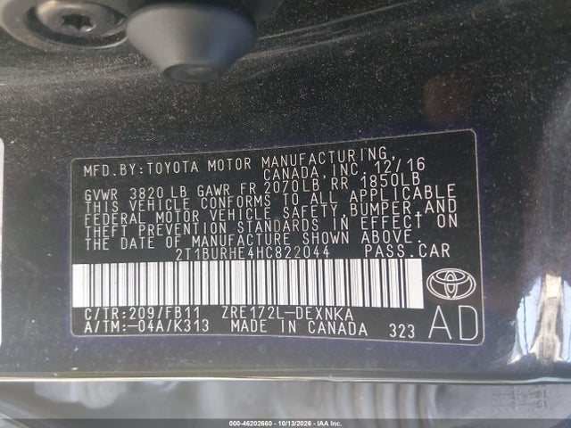 Aukcja sprzedaży 2017 Toyota Corolla Le, vin: 2T1BURHE4HC822044, numer aukcji: 46202660