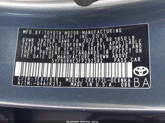 Продаж на аукціоні авто 2015 Toyota Corolla Le Plus, vin: 5YFBURHE3FP292582, номер лоту: 46202664