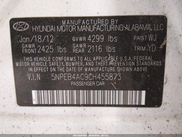 Продажа на аукционе авто 2012 Hyundai Sonata Gls, vin: 5NPEB4AC9CH455873, номер лота: 46202665