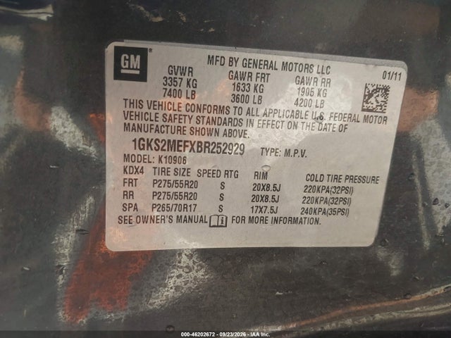 46202672 :رقم المزاد ، 1GKS2MEFXBR252929 vin ، 2011 Gmc Yukon Xl 1500 Denali مزاد بيع