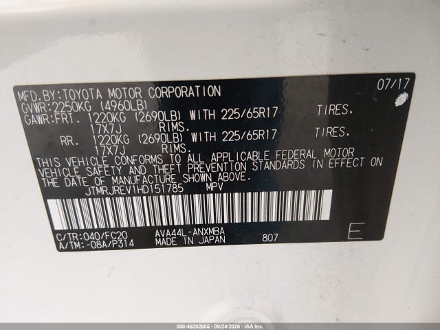 JTMRJREV1HD151785 Toyota Rav4 Hybrid Xle