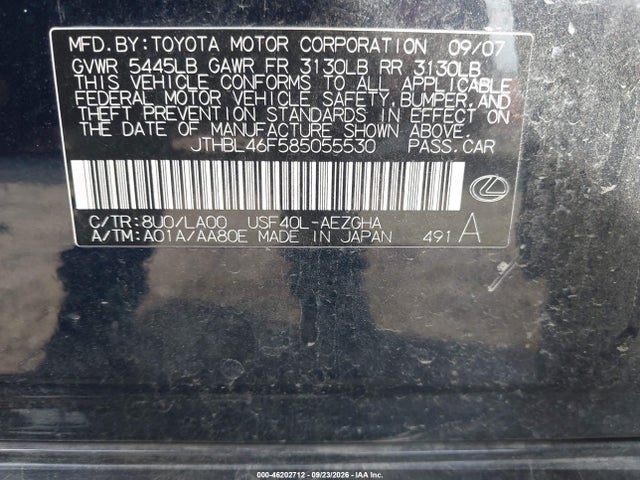 Продаж на аукціоні авто 2008 Lexus Ls 460, vin: JTHBL46F585055530, номер лоту: 46202712