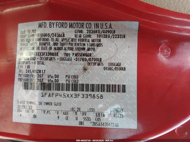 Продажа на аукционе авто 2003 Ford Mustang Gt, vin: 1FAFP45XX3F339858, номер лота: 46202740