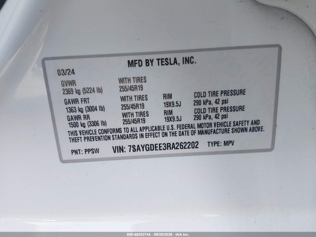 7SAYGDEE3RA262202 Tesla Model Y Long Range Dual Motor All-wheel Drive