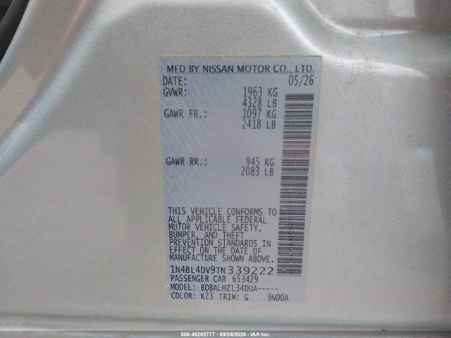 2026 Nissan Altima Sv Fwd მანქანა იყიდება აუქციონზე, vin: 1N4BL4DV9TN339222, აუქციონის ნომერი: 46202777