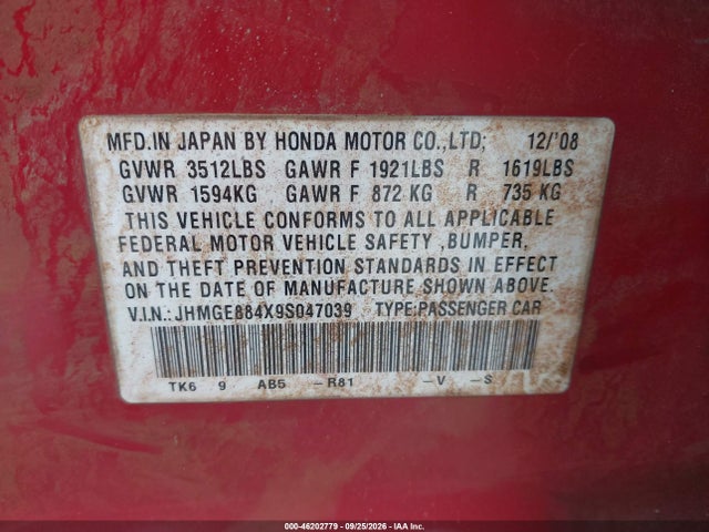 Продаж на аукціоні авто 2009 Honda Fit Sport, vin: JHMGE884X9S047039, номер лоту: 46202779