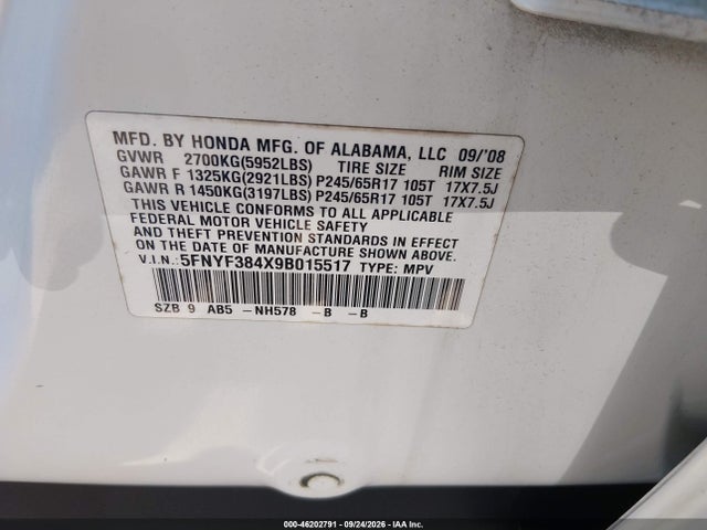 2009 Honda Pilot Ex მანქანა იყიდება აუქციონზე, vin: 5FNYF384X9B015517, აუქციონის ნომერი: 46202791