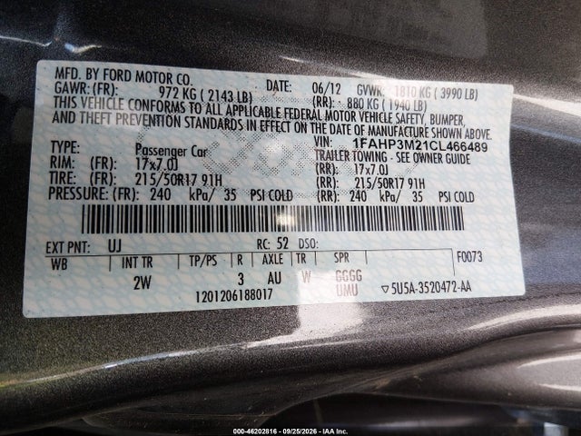 Aukcja sprzedaży 2012 Ford Focus Sel, vin: 1FAHP3M21CL466489, numer aukcji: 46202816