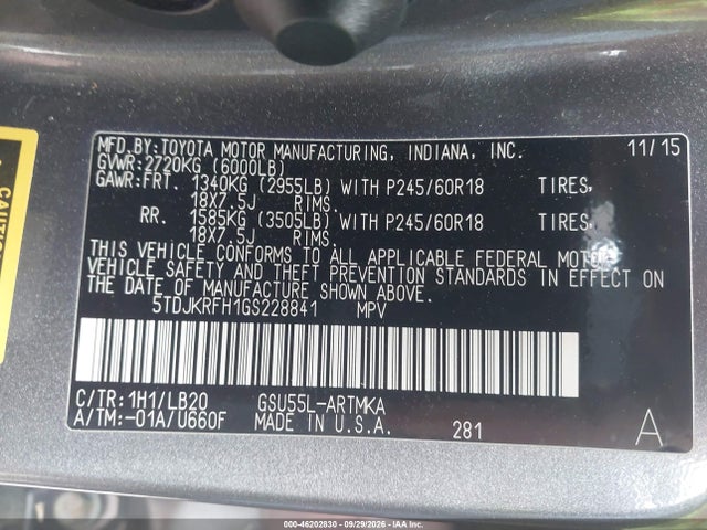 Продажа на аукционе авто 2016 Toyota Highlander Xle V6, vin: 5TDJKRFH1GS228841, номер лота: 46202830