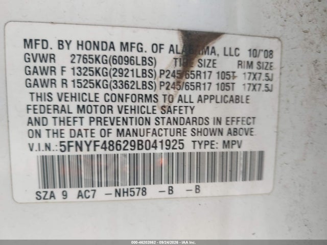 Продажа на аукционе авто 2009 Honda Pilot Ex-l, vin: 5FNYF48629B041925, номер лота: 46202862