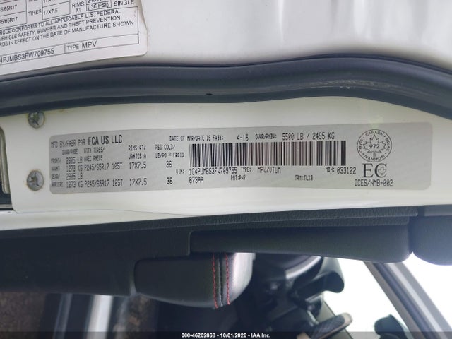 2015 Jeep Cherokee Trailhawk მანქანა იყიდება აუქციონზე, vin: 1C4PJMBS3FW709755, აუქციონის ნომერი: 46202868