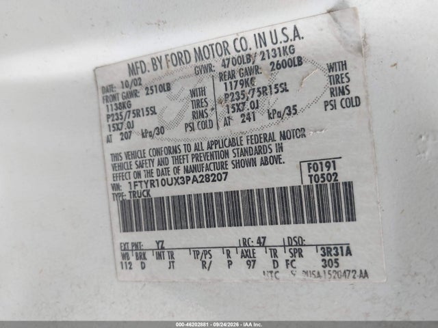 Продаж на аукціоні авто 2003 Ford Ranger Edge/xl/xlt, vin: 1FTYR10UX3PA28207, номер лоту: 46202881