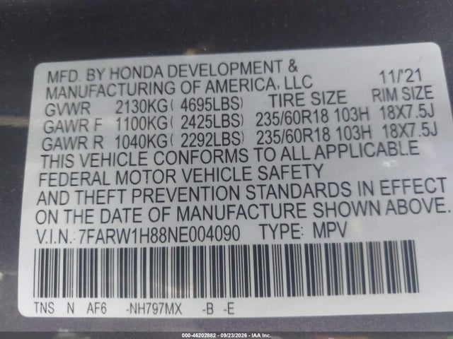 Aukcja sprzedaży 2022 Honda Cr-v 2wd Ex-l, vin: 7FARW1H88NE004090, numer aukcji: 46202882