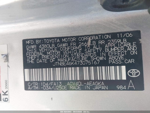 Aukcja sprzedaży 2007 Toyota Camry Xle, vin: JTNBE46K473075167, numer aukcji: 46202902