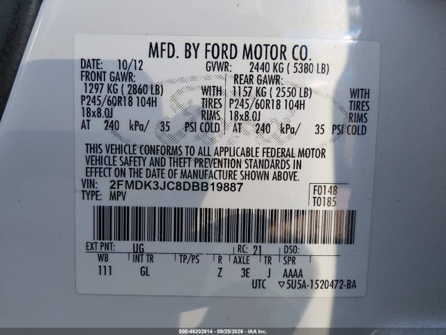 46202914 :رقم المزاد ، 2FMDK3JC8DBB19887 vin ، 2013 Ford Edge Sel مزاد بيع
