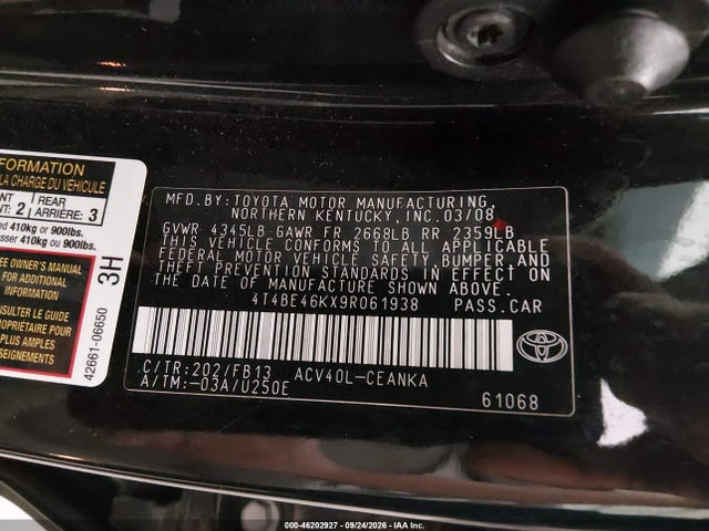 46202927 :رقم المزاد ، 4T4BE46KX9R061938 vin ، 2009 Toyota Camry Le مزاد بيع