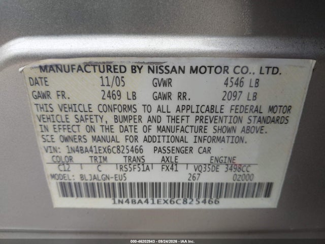 2006 Nissan Maxima 3.5 Sl მანქანა იყიდება აუქციონზე, vin: 1N4BA41EX6C825466, აუქციონის ნომერი: 46202943
