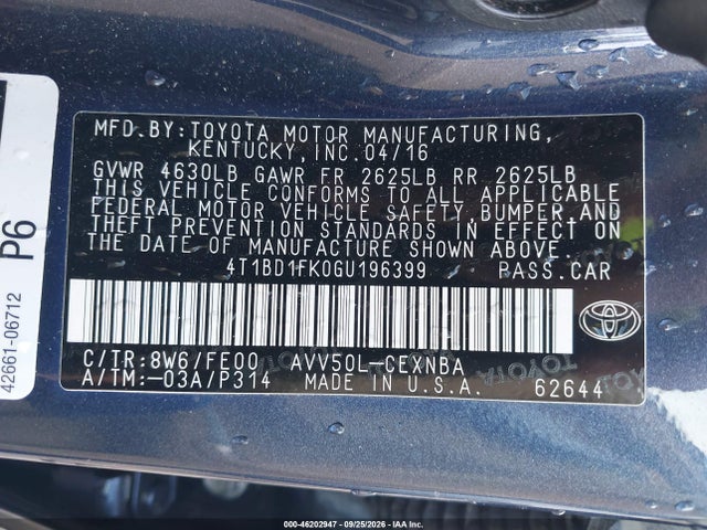 2016 Toyota Camry Hybrid Le მანქანა იყიდება აუქციონზე, vin: 4T1BD1FK0GU196399, აუქციონის ნომერი: 46202947