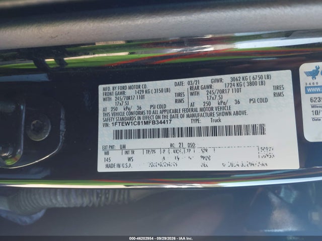 Продажа на аукционе авто 2021 Ford F-150 Xl, vin: 1FTEW1C81MFB34417, номер лота: 46202954