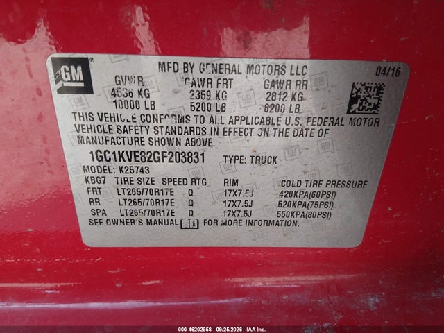 46202958 :رقم المزاد ، 1GC1KVE82GF203831 vin ، 2016 Chevrolet Silverado 2500hd Lt مزاد بيع