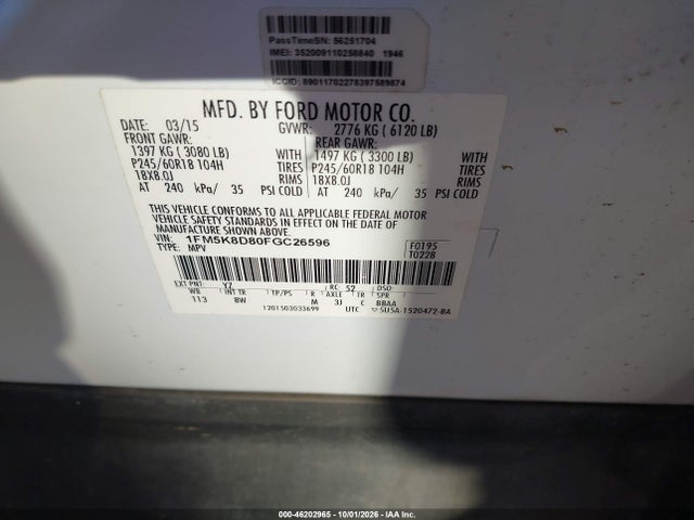 46202965 :رقم المزاد ، 1FM5K8D80FGC26596 vin ، 2015 Ford Explorer Xlt مزاد بيع