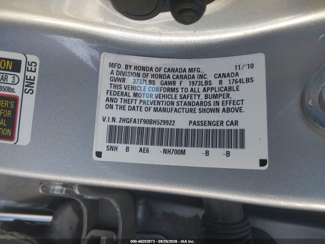 46202973 :رقم المزاد ، 2HGFA1F90BH529922 vin ، 2011 Honda Civic Sdn Ex-l مزاد بيع