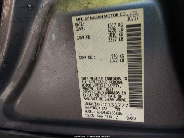 2018 Nissan Altima 2.5 Sr მანქანა იყიდება აუქციონზე, vin: 1N4AL3AP5JC131777, აუქციონის ნომერი: 46202972
