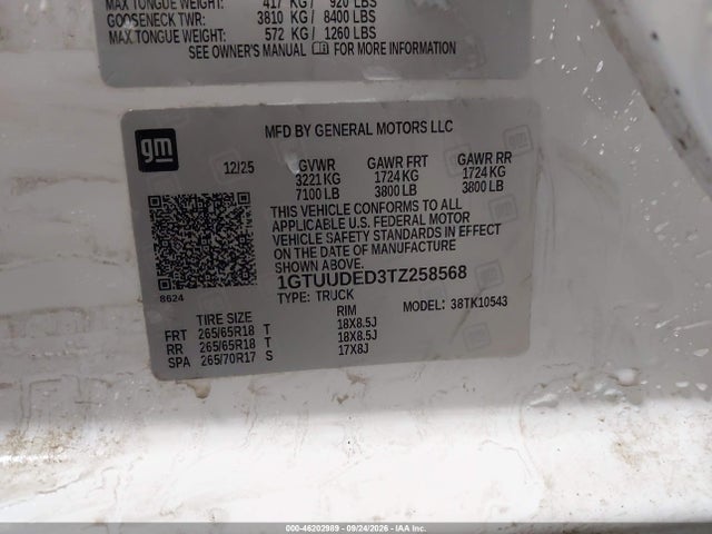 Aukcja sprzedaży 2026 Gmc Sierra 1500 , Short Bed, Slt, 4wd, vin: 1GTUUDED3TZ258568, numer aukcji: 46202989