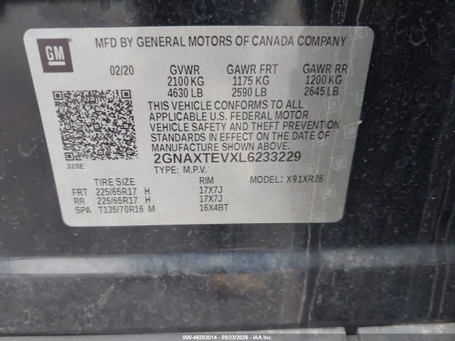 Aukcja sprzedaży 2020 Chevrolet Equinox Awd 2fl, vin: 2GNAXTEVXL6233229, numer aukcji: 46203014