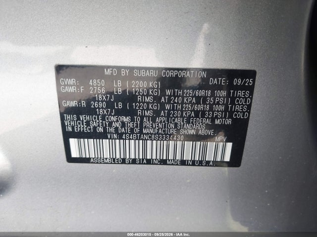 Auction sale of the 2025 Subaru Outback Limited, vin: 4S4BTANC8S3334430, lot number: 46203015