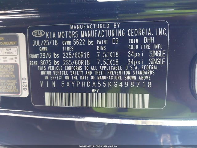46203029 :رقم المزاد ، 5XYPHDA55KG498718 vin ، 2019 Kia Sorento 3.3l Ex مزاد بيع