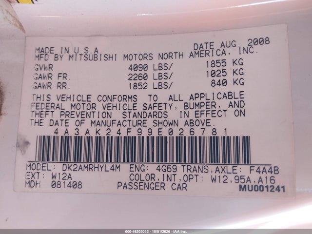 Продаж на аукціоні авто 2009 Mitsubishi Eclipse Gs, vin: 4A3AK24F99E026781, номер лоту: 46203032